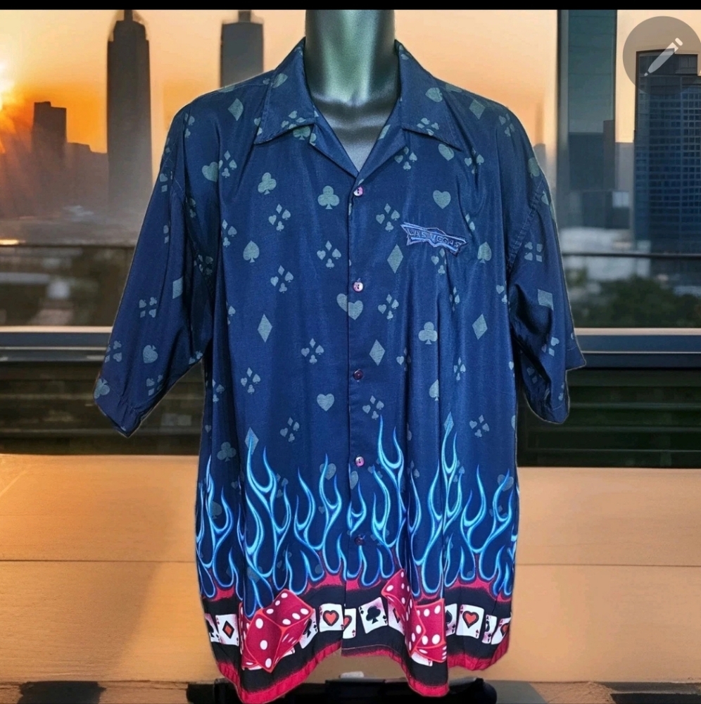 Stylo Las Vegas Mens XL Button Short Sleeve Navy Shirt Gambling Dice Cards Fire